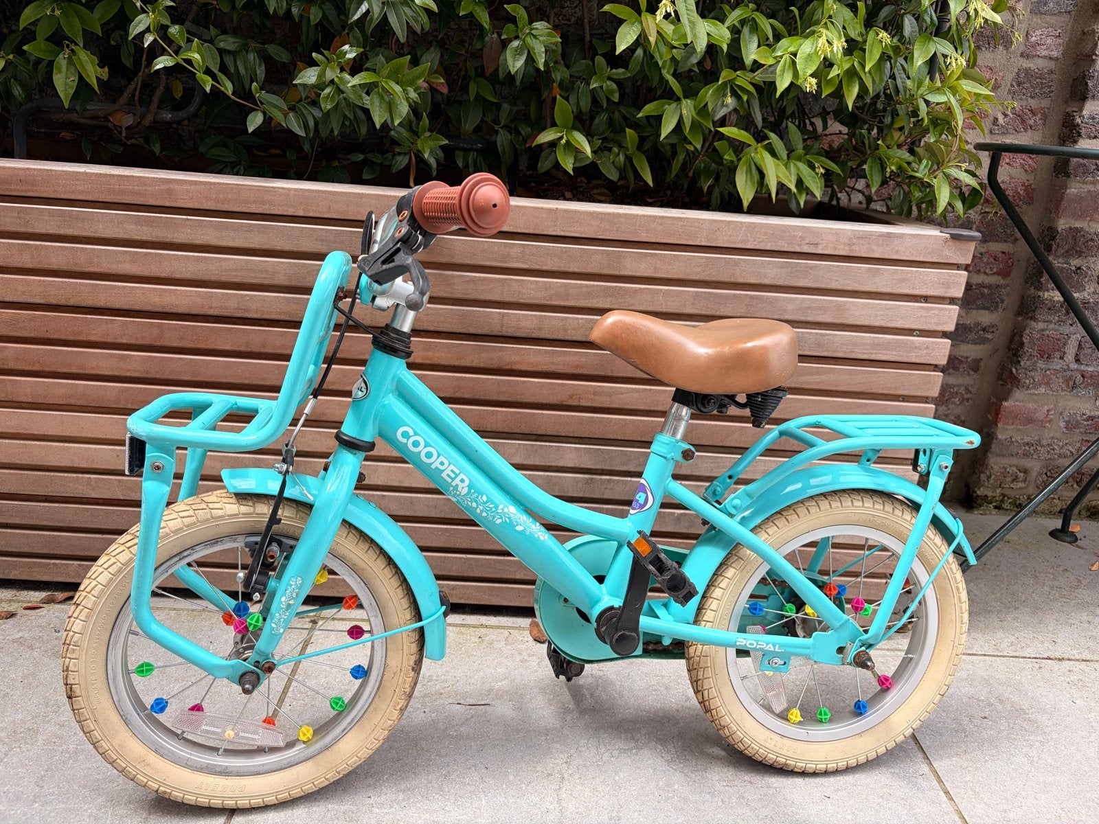 Cooper kinderfiets 14 inch - turquoise, Fietsen en Brommers, Fietsen | Kinderfietsjes, Ophalen, Gebruikt, Terugtraprem, Minder dan 16 inch