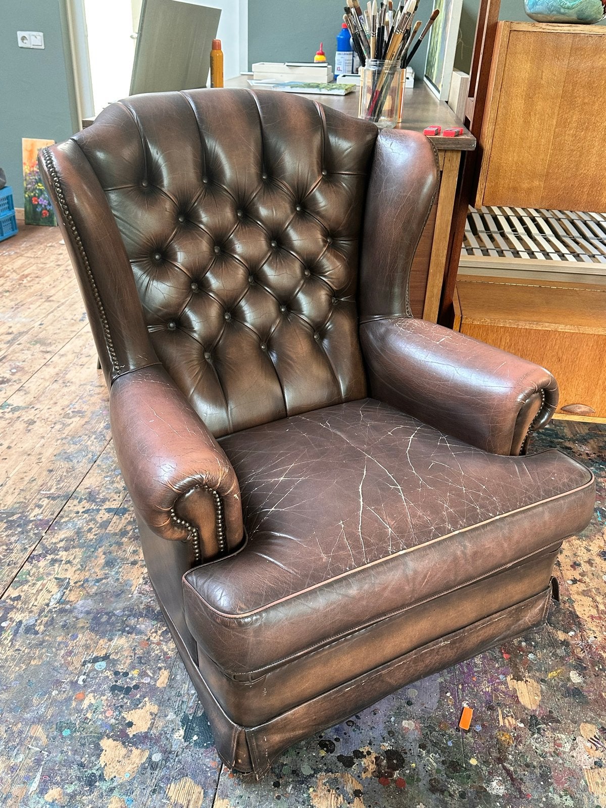 Vintage Leren Chesterfield Fauteuil - Bruin, Ophalen, Gebruikt, Leer, 75 tot 100 cm