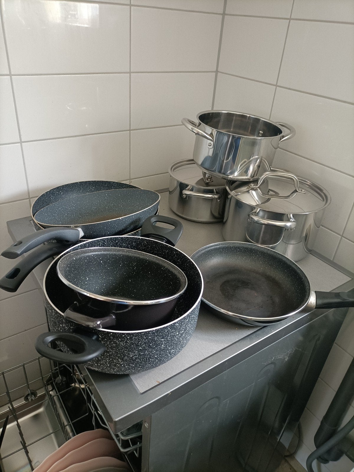 Pannenset inductie, Ophalen of Verzenden, Gebruikt, Rvs, Pannenset