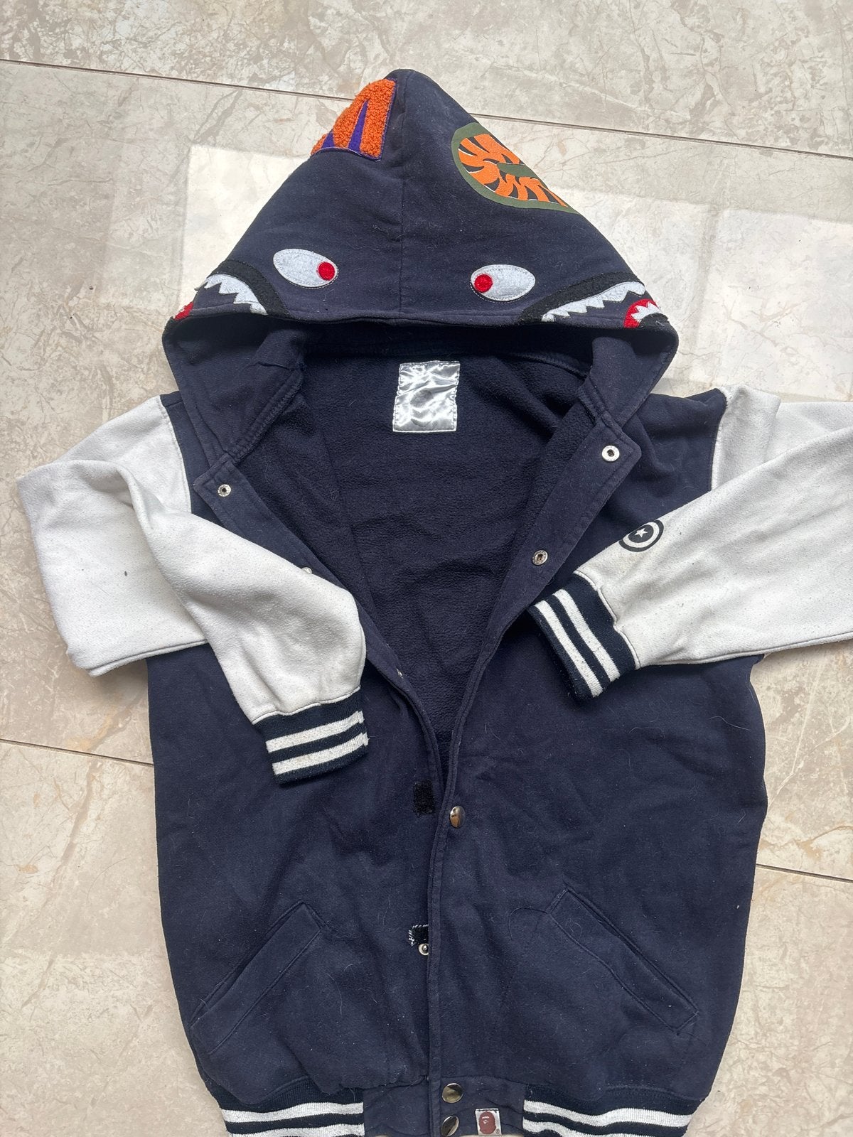 BAPE Shark Hoodie Varsity Jacket - Donkerblauw/Wit, Ophalen of Verzenden, Gedragen, Overige maten, Blauw