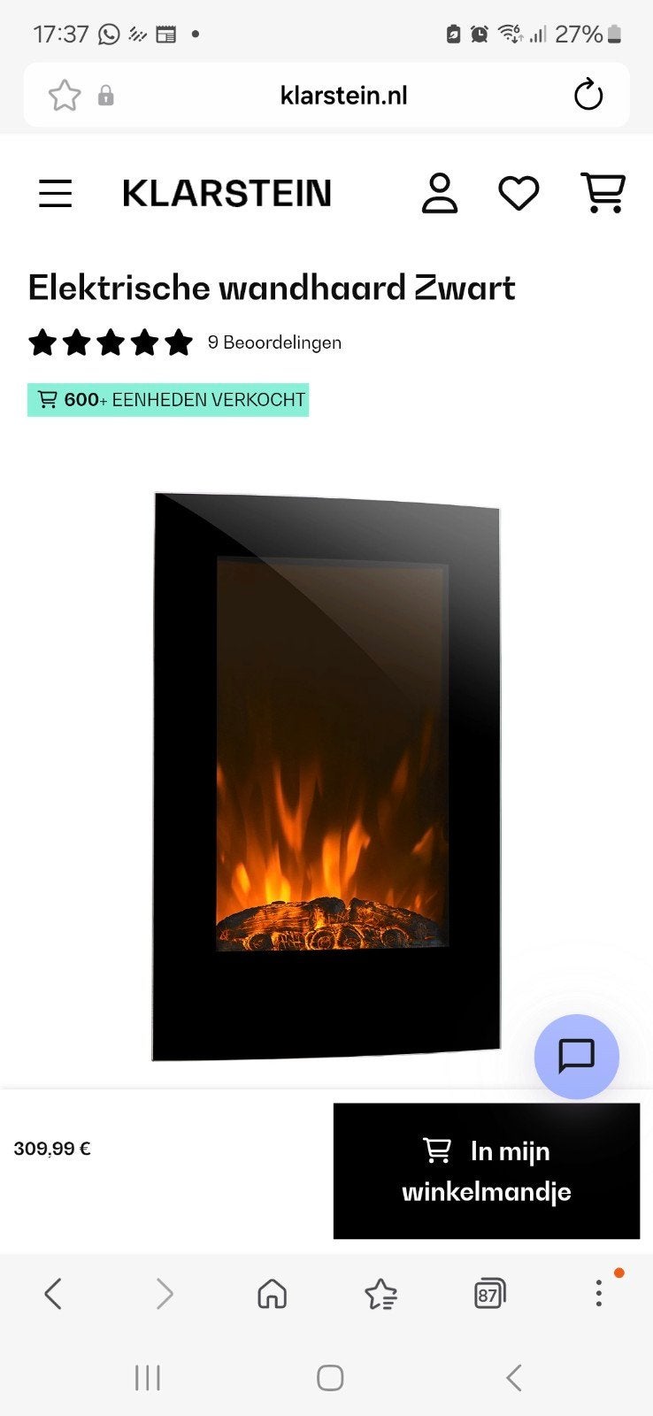 Klarstein Elektrische Wandhaard Zwart - Zo goed als nieuw, Huis en Inrichting, Ophalen of Verzenden, Zo goed als nieuw, Elektrische haard