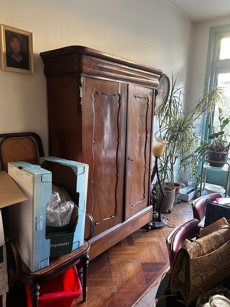 Mahoniehouten kledingkast/linnenkast met twee deuren + lade, Ophalen