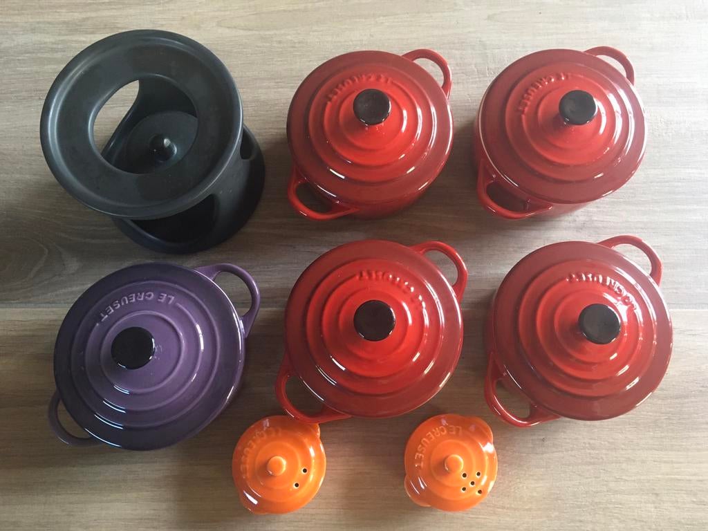 Crueset mini cocotte 5x zgan en rechaud, saus, gourmet bbq, Keramiek, Overige typen, Ophalen of Verzenden, Zo goed als nieuw