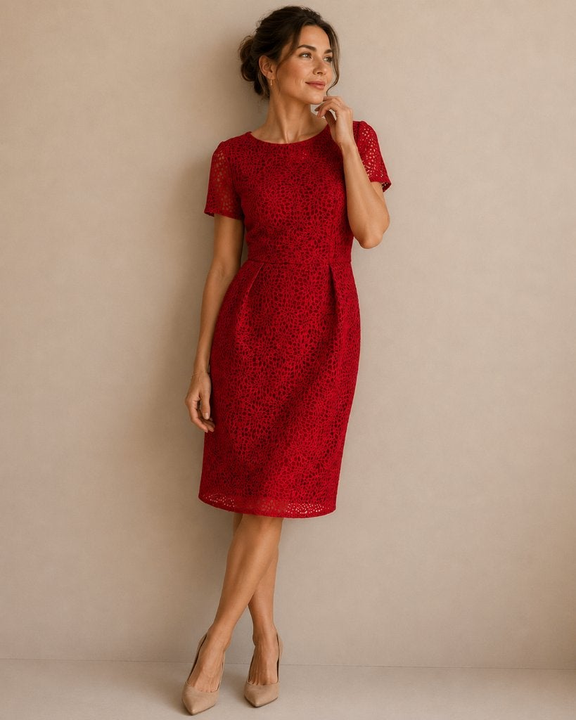 Natan ajour jurk rood EU 38, designer jurk, elegante jurk,, Maat 38/40 (M), Verzenden, Zo goed als nieuw, Knielengte