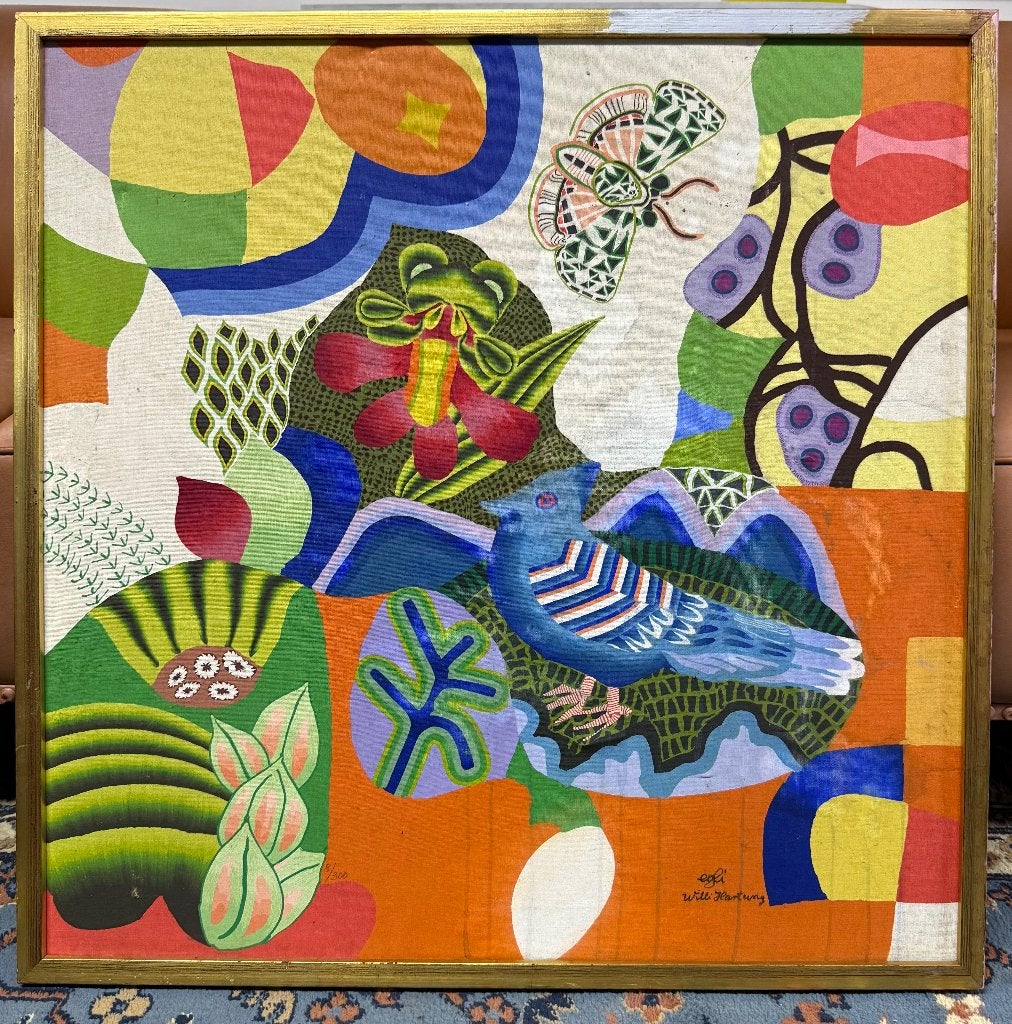 Willie Hartung 'Vogel mit Blumen' Tempagraphi 8/300, Antiek en Kunst, Gesigneerd, Ophalen