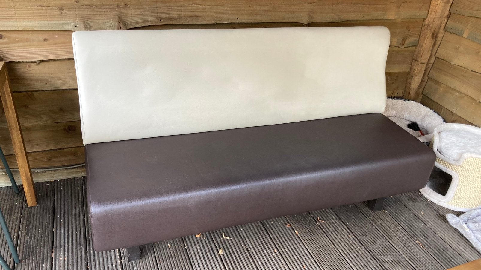 Eetbank eetkamer bank taupe/crème nepleer 160 cm breed, Ophalen, Zo goed als nieuw, Tweepersoons, 150 tot 200 cm