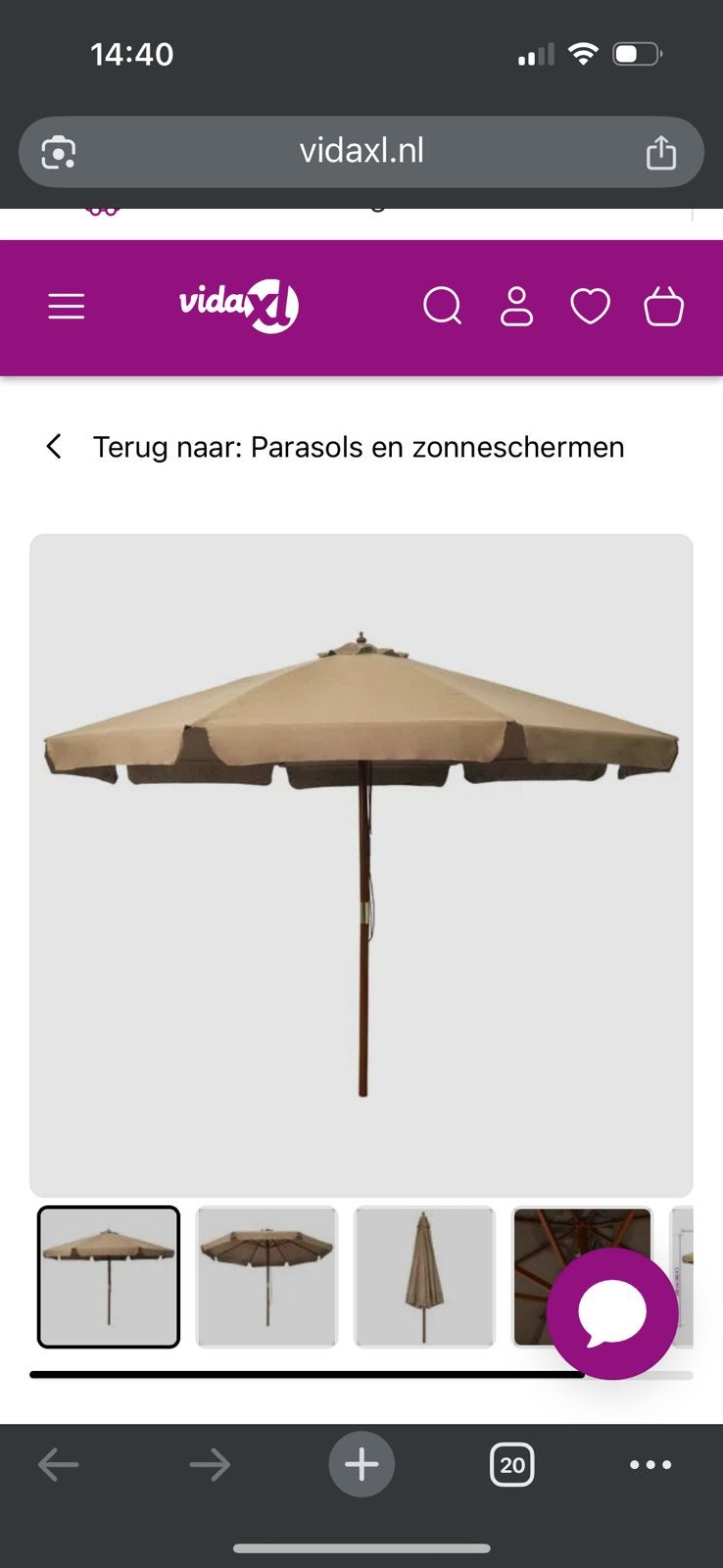 vidaXL Parasol met houten paal 330 cm taupe NIEUW!, Ophalen, Zo goed als nieuw, Stokparasol