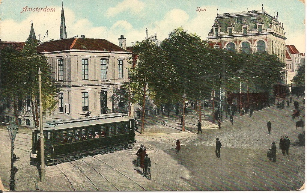 Oude briefkaart Amsterdam Spui met tram uit 1908, Ophalen of Verzenden, Voor 1920, Gelopen, Noord-Holland
