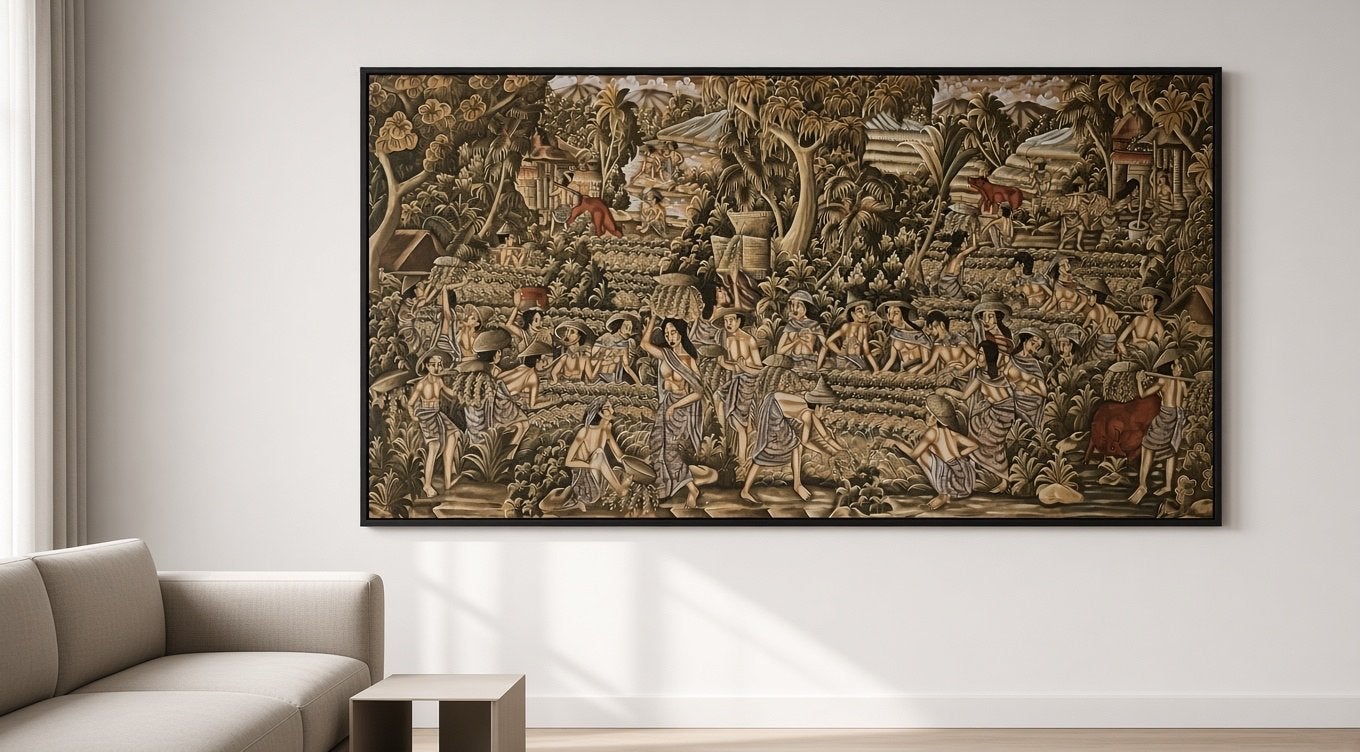 Antiek Balinees Batik Schilderij - ca. 1959 - 80x190 cm, Antiek en Kunst, Kunst | Schilderijen | Klassiek, Overige ondergronden