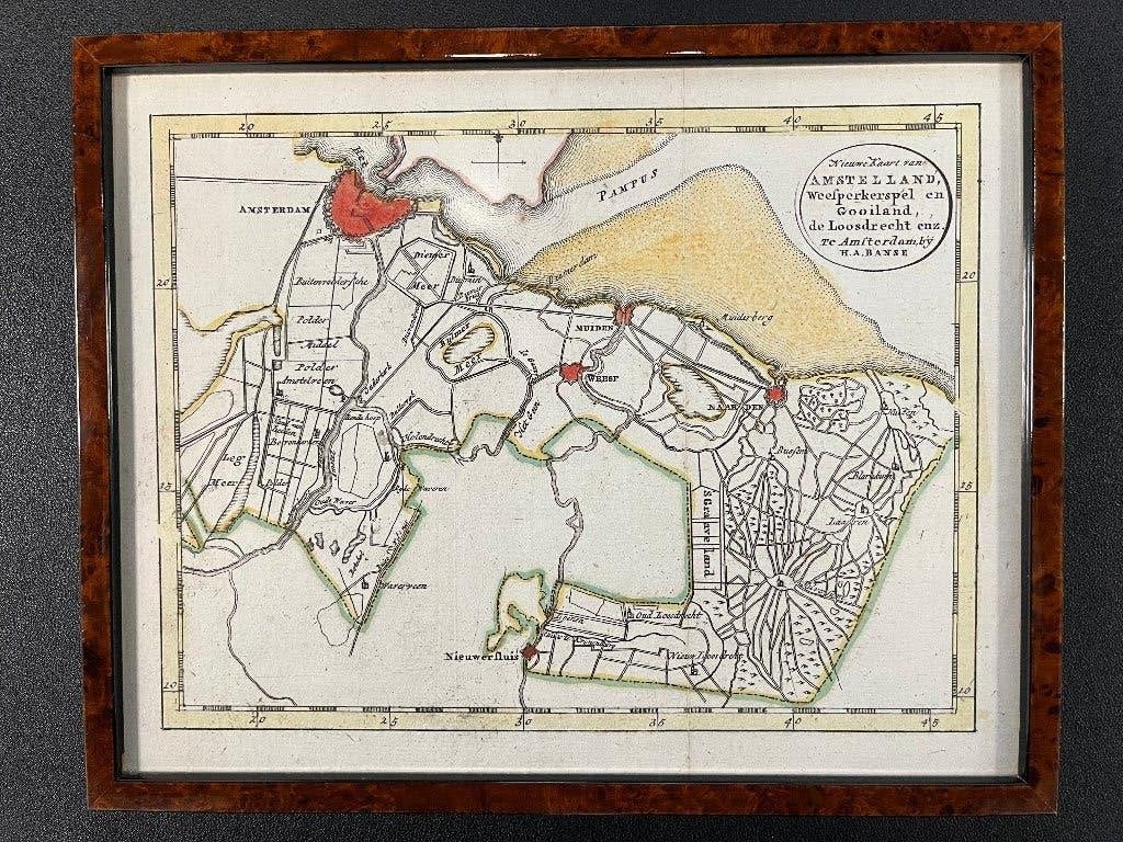 Het Gooi en Amstelland, H.A. Banse,  Ca. 1793 (ingelijst), Antiek en Kunst, Ophalen of Verzenden, Kaart, Overige technieken, Achter glas