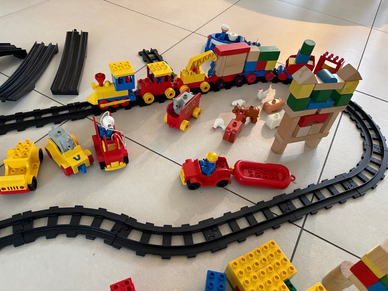 Duplo trein, rails, boerderijdieren, Fisher Price vliegtuig, Ophalen, Gebruikt, Duplo, Meerdere sets