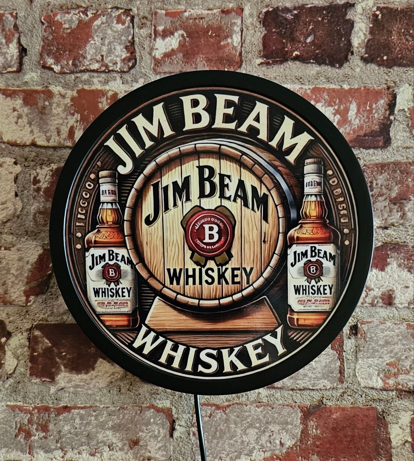 Jim Beam reclamebord met ledverlichting - 20 cm doorsnede, Ophalen of Verzenden, Reclamebord