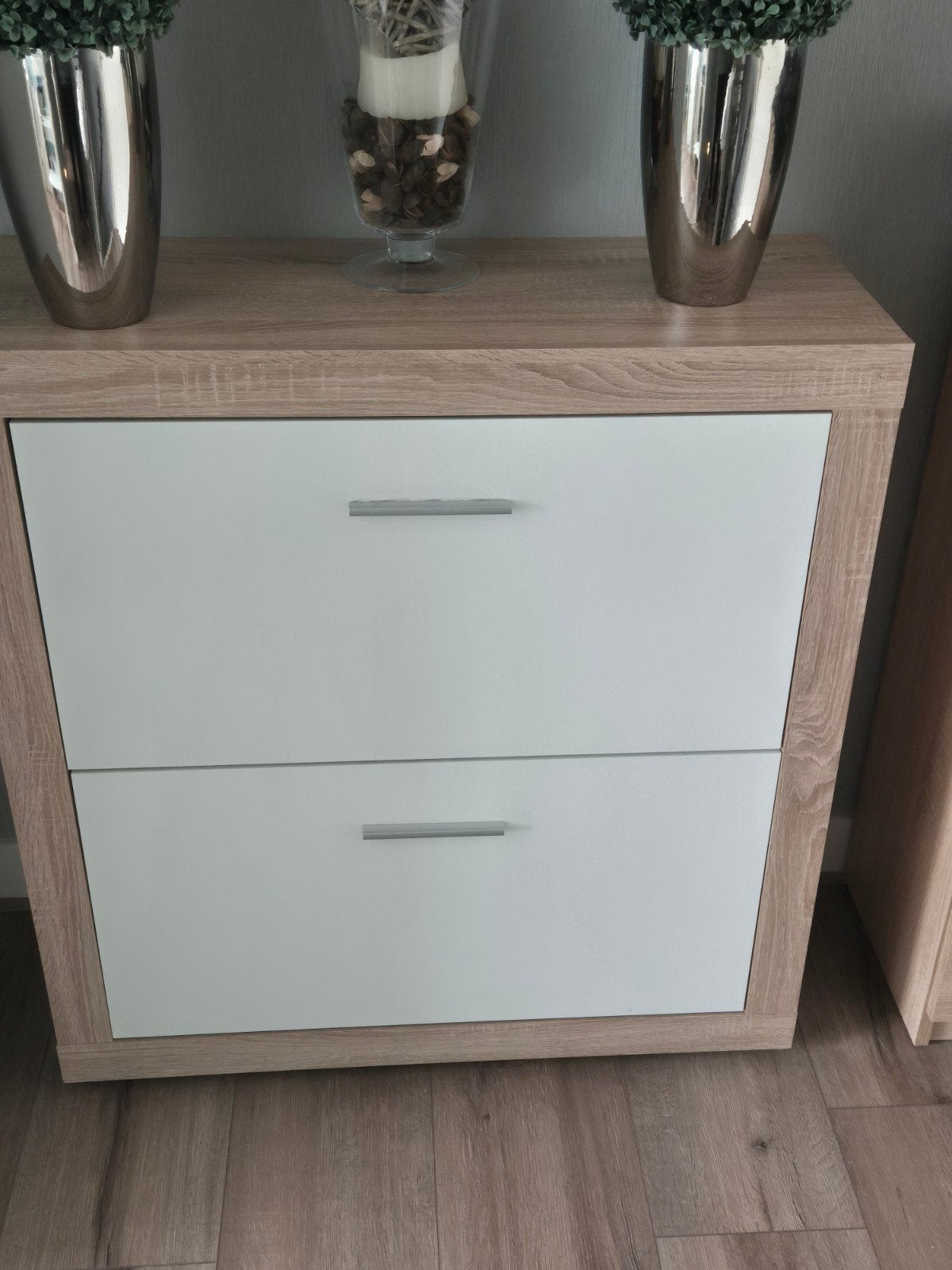 Moderne schoenenkast met 2 lades - hout en wit, Huis en Inrichting, Ophalen, Gebruikt, Modern
