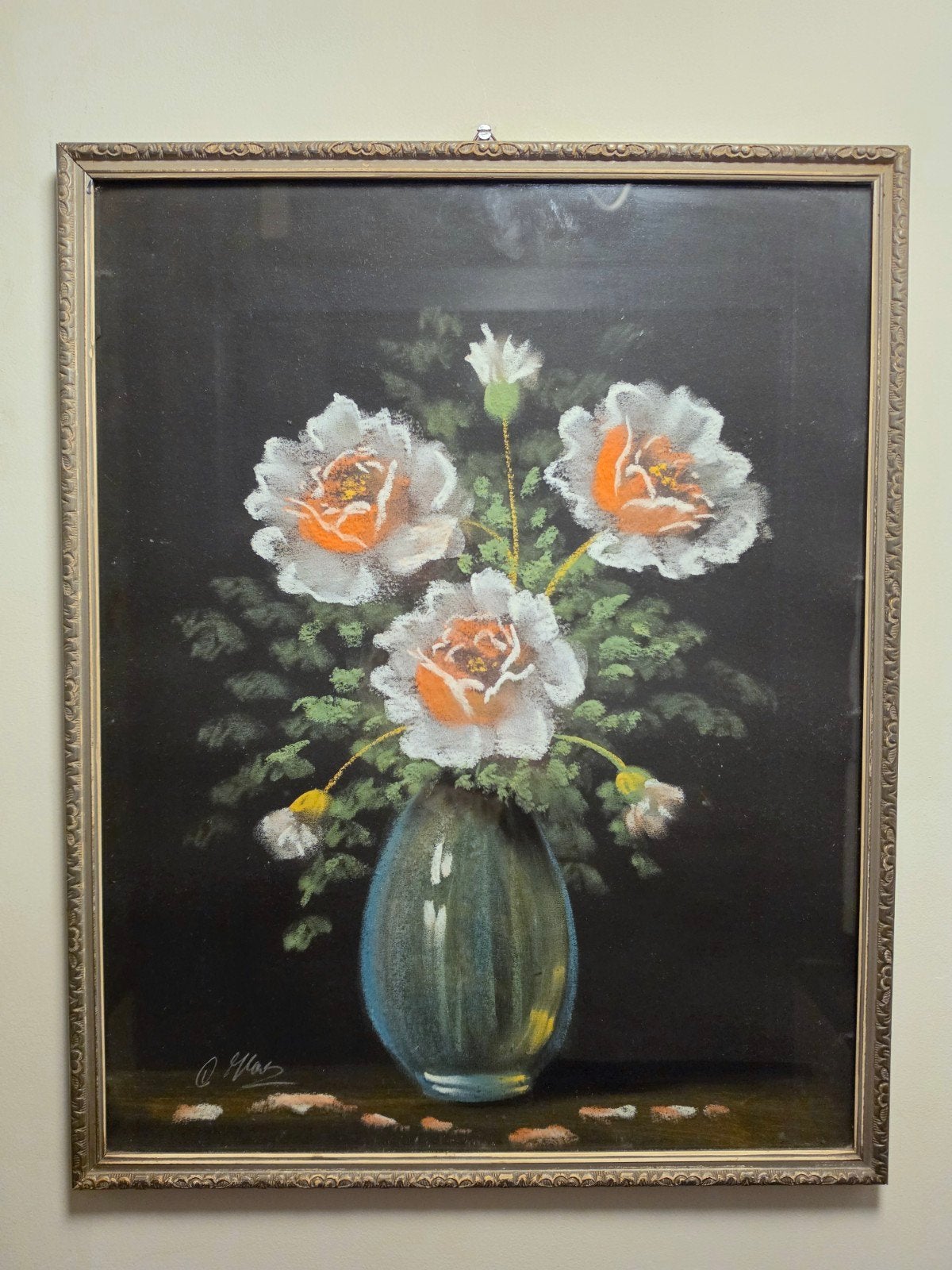 Vintage bloemstilleven pasteltekening Oscar Glas jaren 50, Antiek en Kunst, Ophalen of Verzenden, Achter glas, Pastel, Bloemen