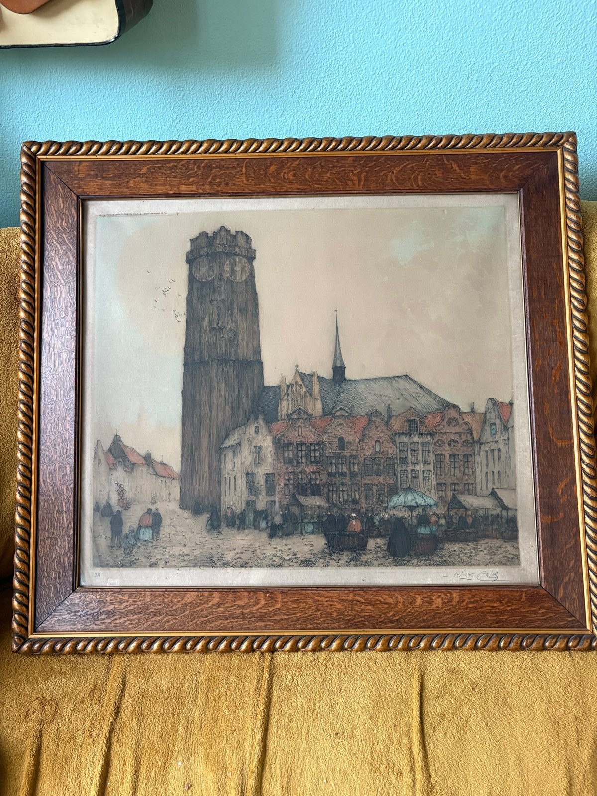 Julien Celos - Kleurenets Brugge (1914) - Gesigneerd, nr. 24, Stadsgezicht, Ophalen of Verzenden, 83 cm, 74 cm