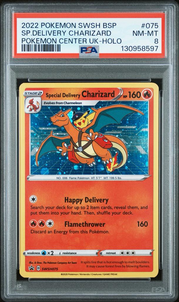 Special Delivery Charizard SWSH075 PSA 8 Pokémon Kaart, Ophalen of Verzenden, Zo goed als nieuw, Losse kaart, Foil