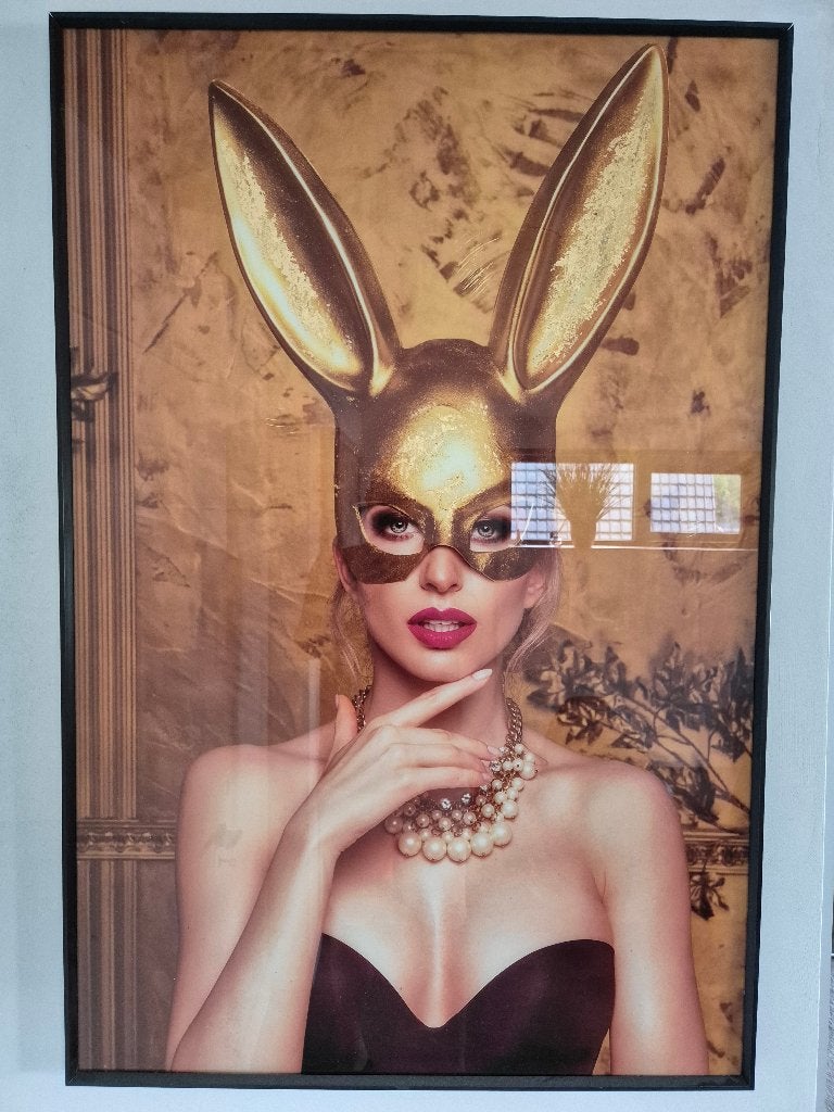 Luxe ingelijst glasschilderij 'Golden Bunny' (120x80), Antiek en Kunst, Ophalen, Foto, Print/reproductie, Ingelijst