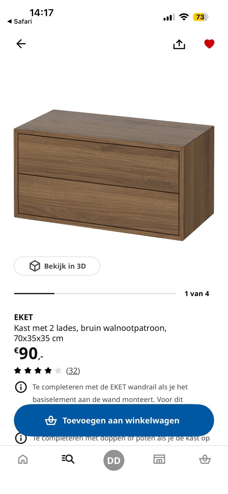 Ikea eket ladekast walnoot, Huis en Inrichting, Ophalen, 50 tot 100 cm, Zo goed als nieuw, Minder dan 100 cm