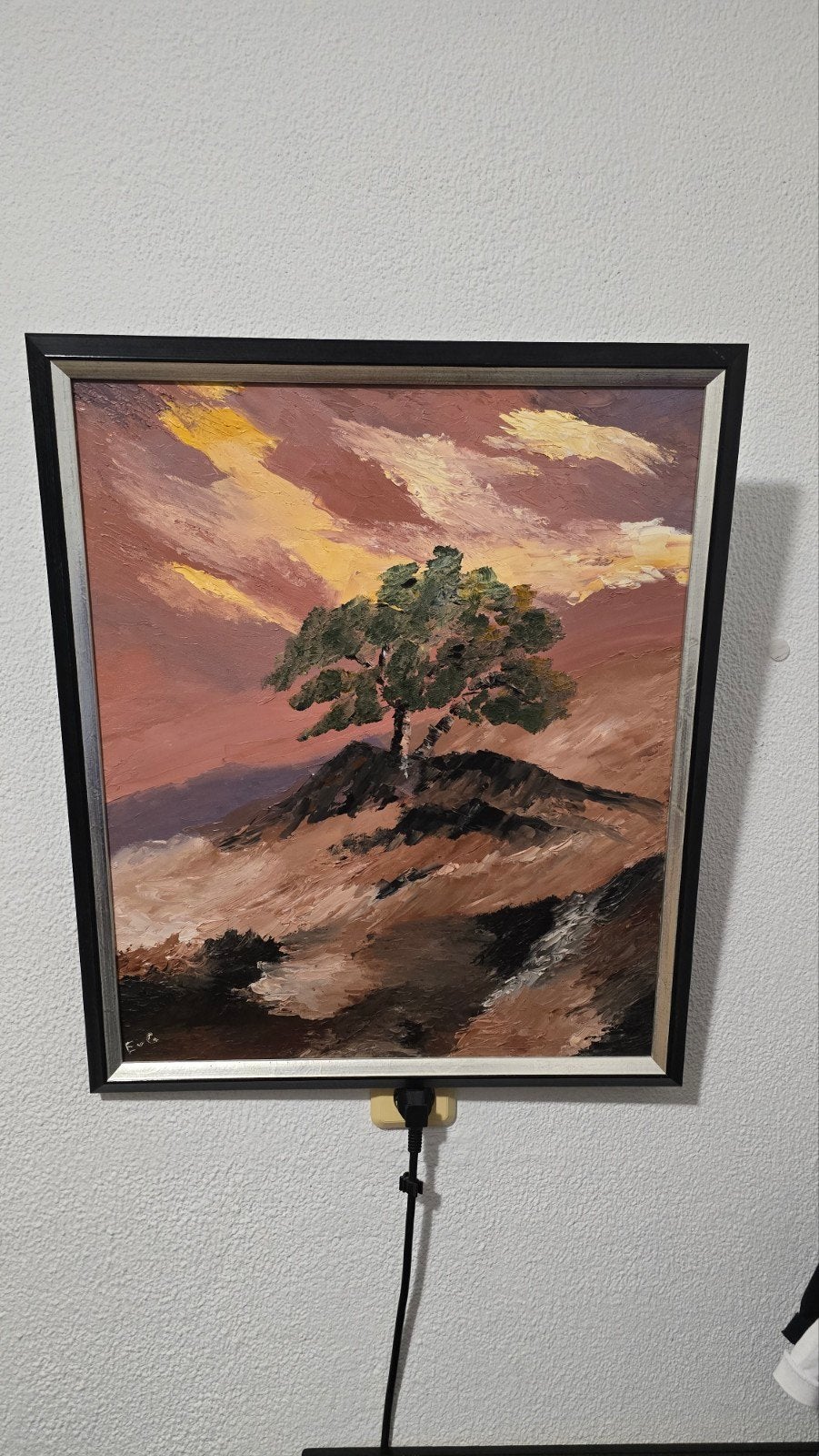 Vintage Olieverfschilderij Boom bij Zonsondergang - E v G, Antiek en Kunst, Kunst | Schilderijen | Klassiek, Ophalen of Verzenden