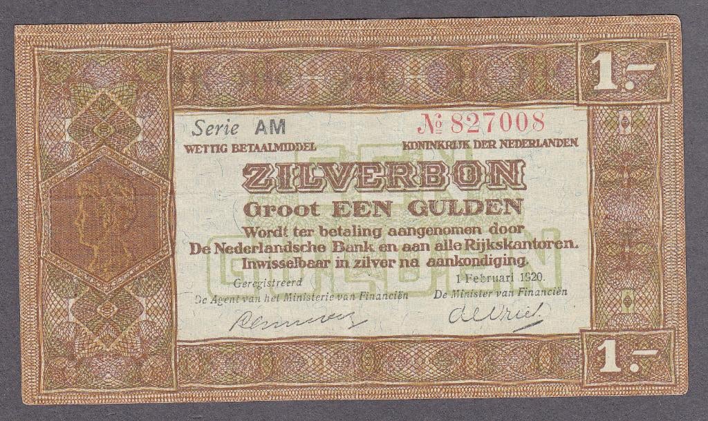 Zilverbon - 1 GULDEN 1.2.1920 ZF/P - AV3.1b, P15, Verzenden, 1 gulden