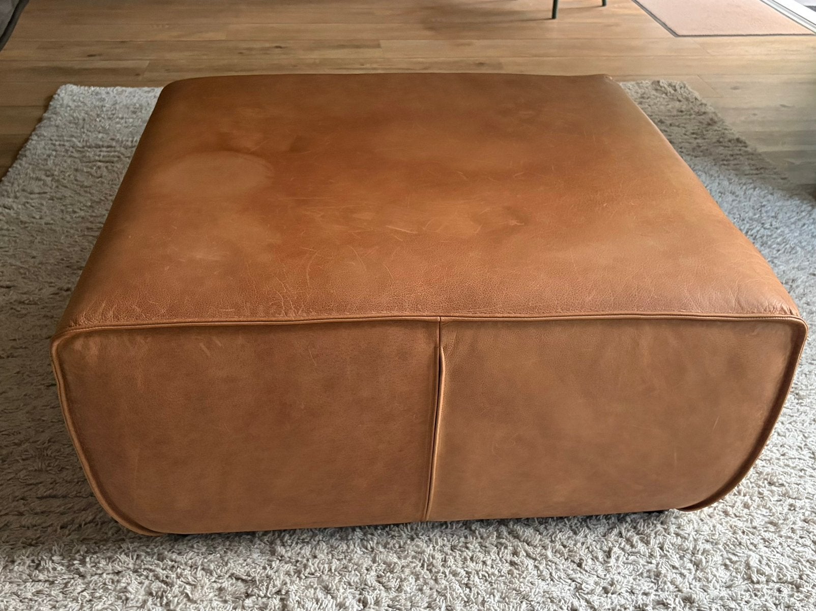 Cowboy leren hocker, cognac kleur, Ophalen, Gebruikt, Vierkant, Leer
