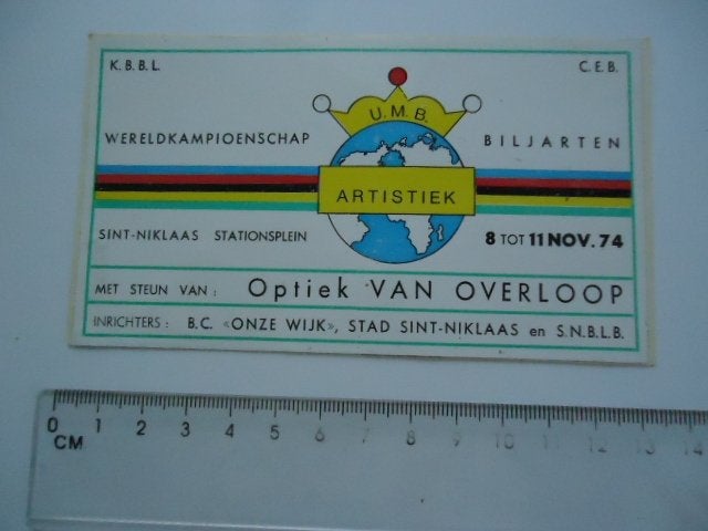 sticker oud Biljarten 1974 WK Belgie Wereldkampioen billard, Verzenden, Zo goed als nieuw, Bedrijf of Vereniging