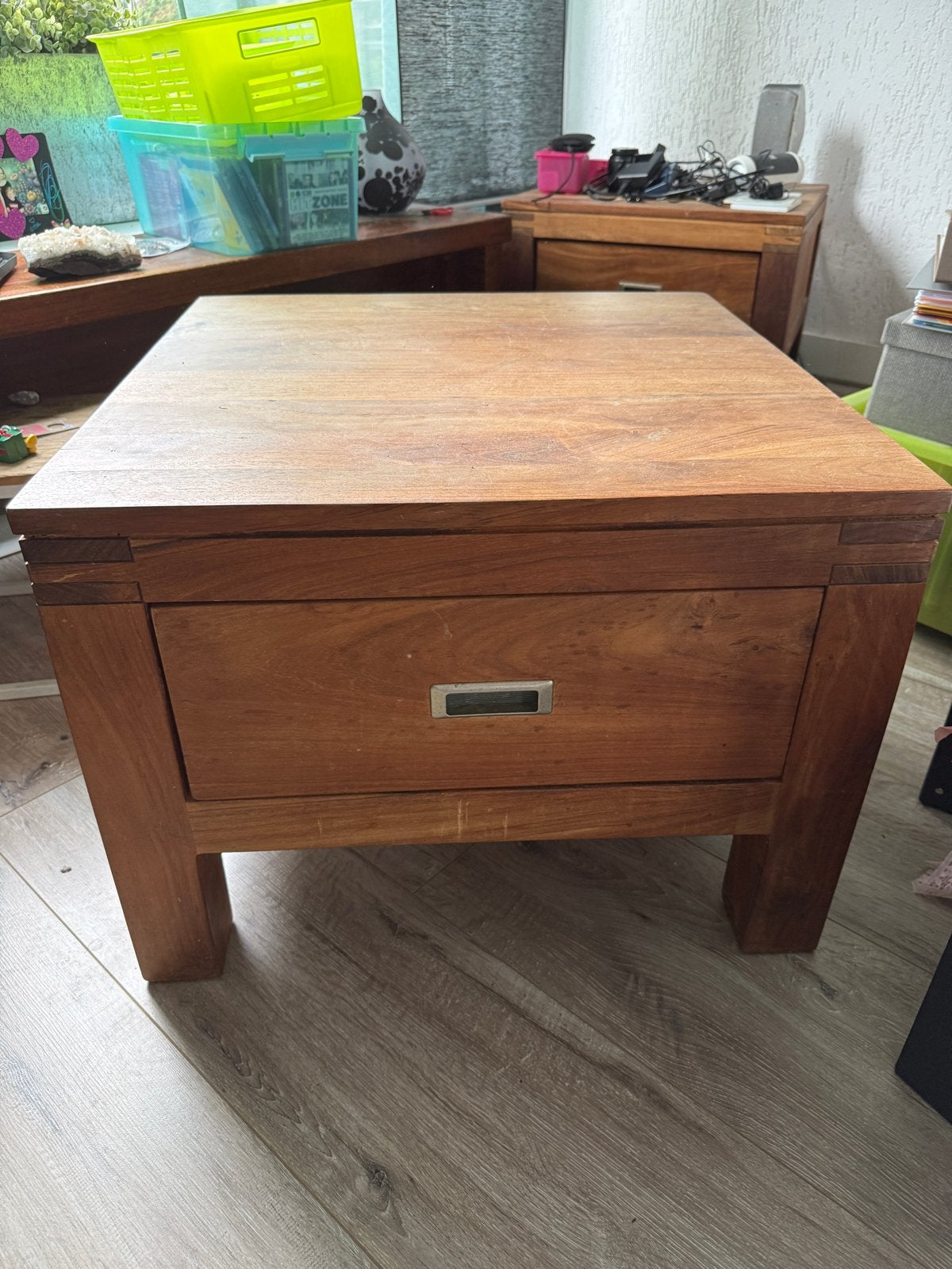 Vintage Salon Tafel - Massief Hout met Lade, Ophalen, Gebruikt, Vierkant, 50 tot 100 cm