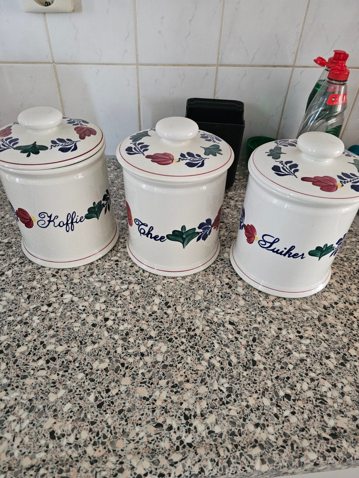 Vintage voorraadpotten: Koffie, Thee, Suiker boerebont pott, Gebruikt, Ophalen of Verzenden, Voorraadpot, Steen/keramiek
