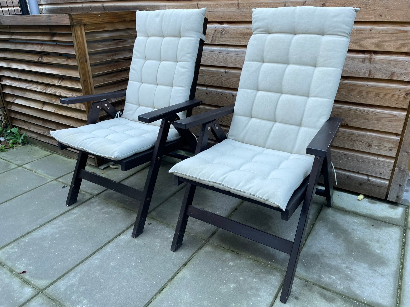 Tuinstoelen vijf standen 2 stuks met kussens, Ophalen, Gebruikt, Hout, Inklapbaar