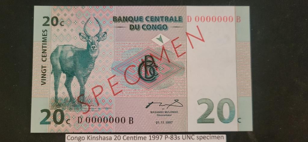 Congo Kinshasa 20 Centime 1997 P-83s UNC specimen, Postzegels en Munten, Bankbiljetten | Azië, Ophalen of Verzenden, Centraal-Azië