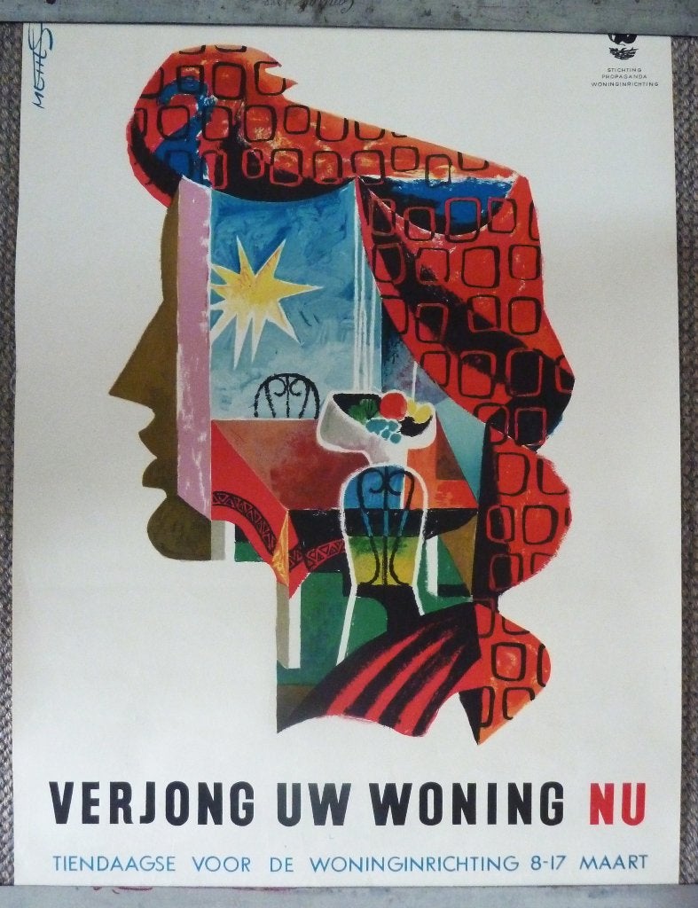 affiche Frans Mettes "Verjong Uw Woning" jaren 50, Ophalen of Verzenden, A1 t/m A3, Overige onderwerpen, Rechthoekig Staand