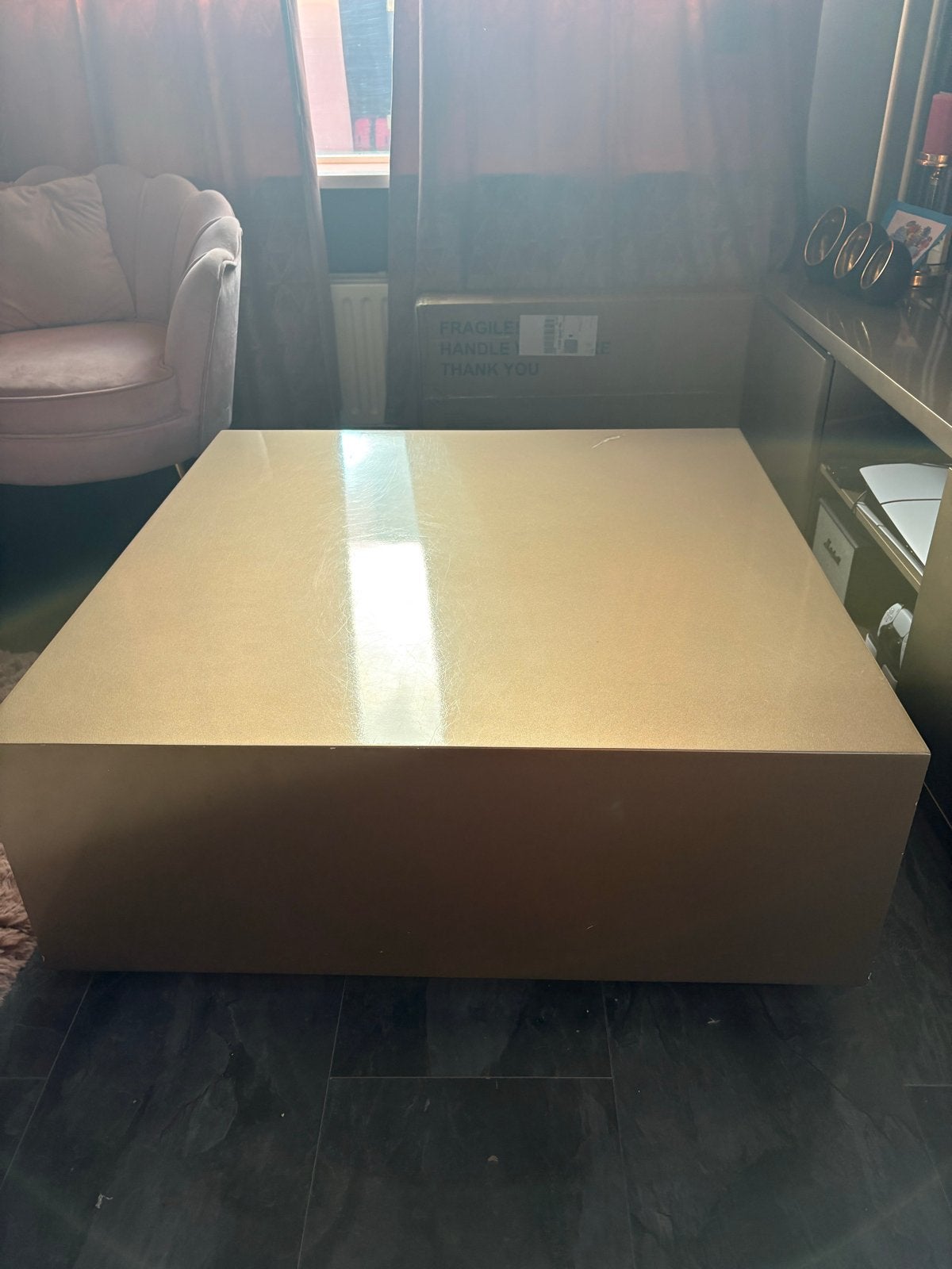 Hoogglans bronzen/champagne salontafel 1x1m, Huis en Inrichting, Tafels | Salontafels, Ophalen, Overige materialen, Gebruikt, 100 tot 150 cm