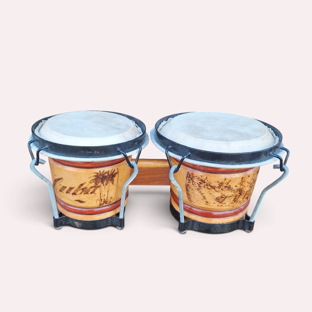 Houten Cubaanse Bongo Drums met Tropisch Design, Muziek en Instrumenten, Gebruikt, Onbekend@voorbeeld.com, Onbekend, Ophalen of Verzenden