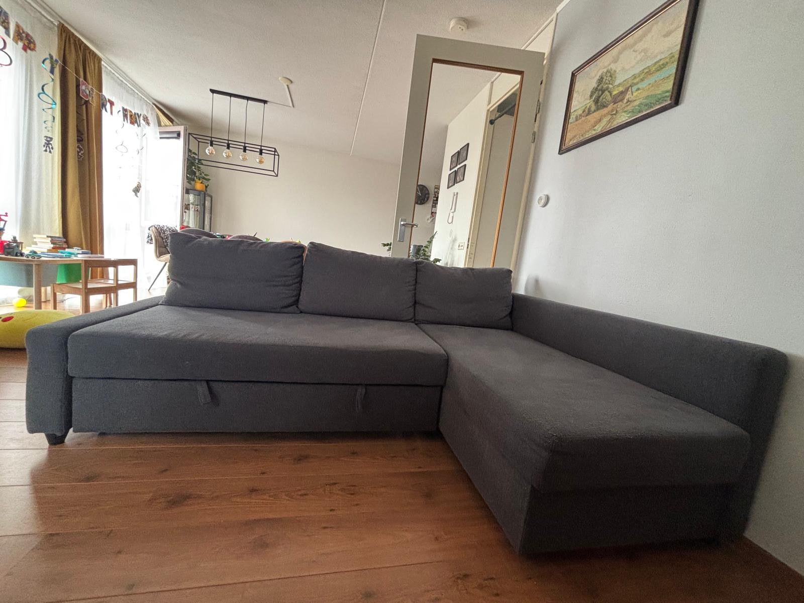 IKEA FRIHETEN Hoekslaapbank met opbergruimte – €100, Huis en Inrichting, Banken | Complete zithoeken, Gebruikt, Stof, Ophalen