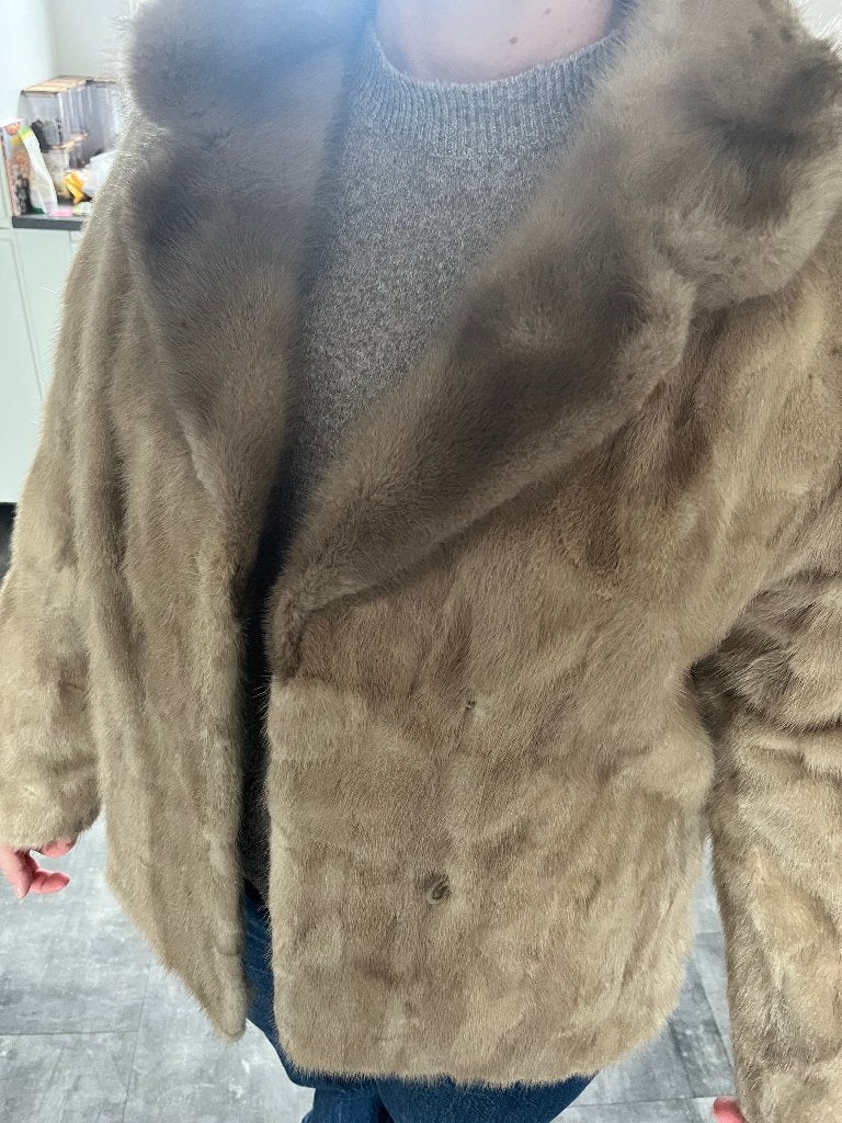 Vintage nertsbontjas "De Zilvervos" 1978 beige/grijsbeige, Kleding | Dames, Ophalen of Verzenden, Zo goed als nieuw, Maat 42/44 (L)