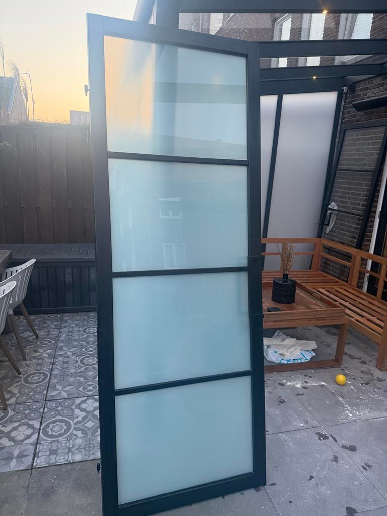 Opdekdeur met glas - 231,5x88 cm, Doe-het-zelf en Verbouw, Deuren en Horren, Ophalen, Gebruikt, 80 tot 100 cm, 215 cm of meer
