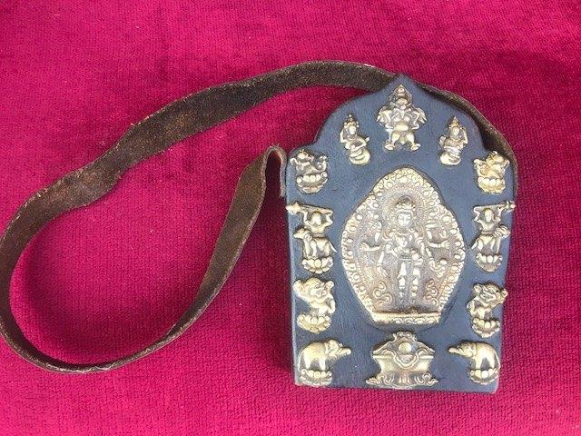 Tibetaans reisamulet, brons en hout, Ophalen of Verzenden