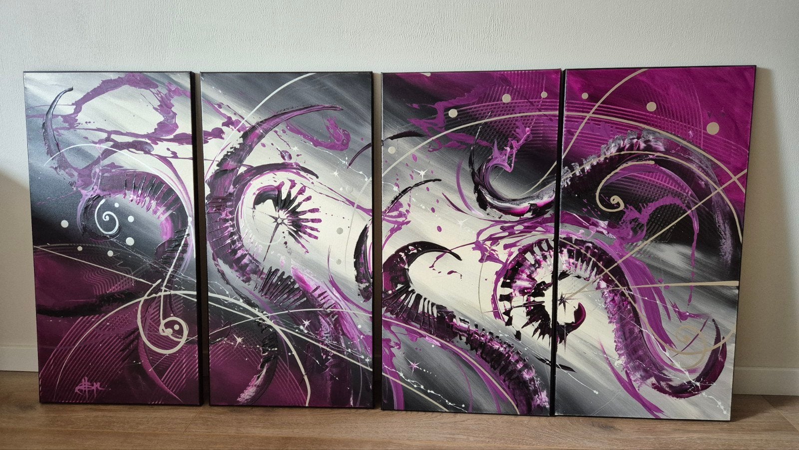 Abstracte paarse en grijze canvas kunst (4 panelen), Antiek en Kunst, Ophalen
