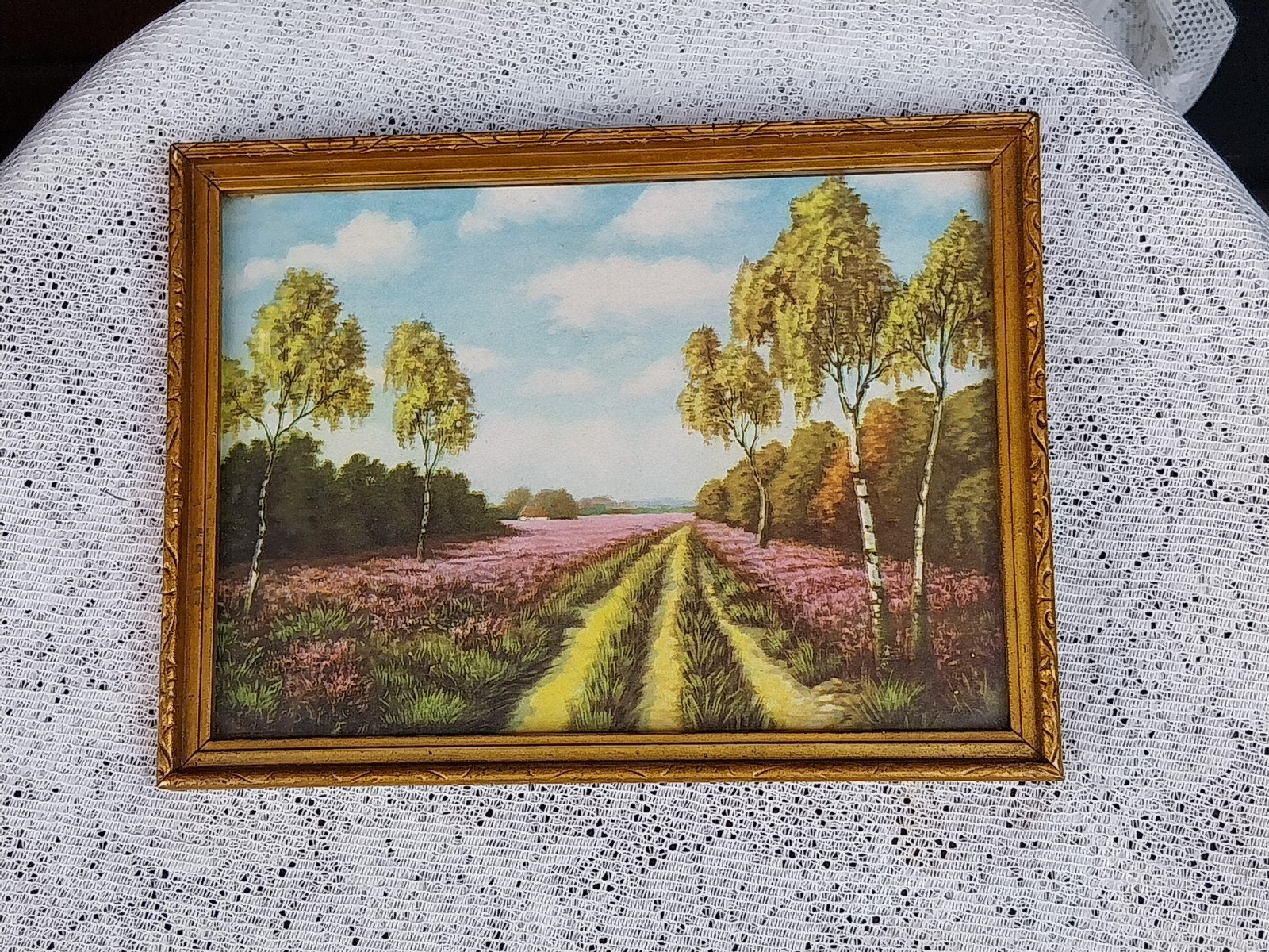 Heide landschap schilderij in gouden lijst, Ophalen of Verzenden