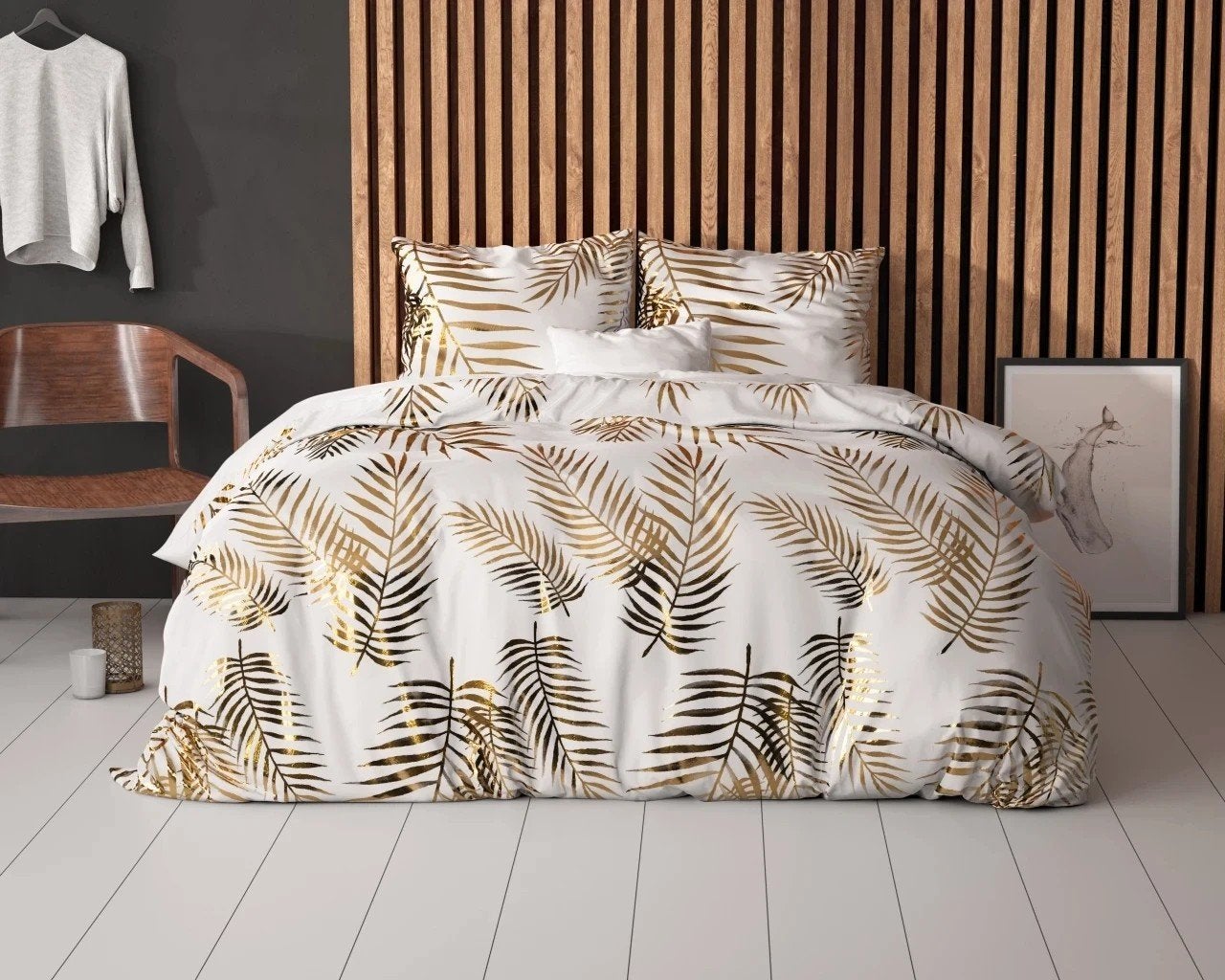 Dekbedovertrek met gouden palmbladeren - Polyester, Wit, Dekbedovertrek, Ophalen of Verzenden, Polyester