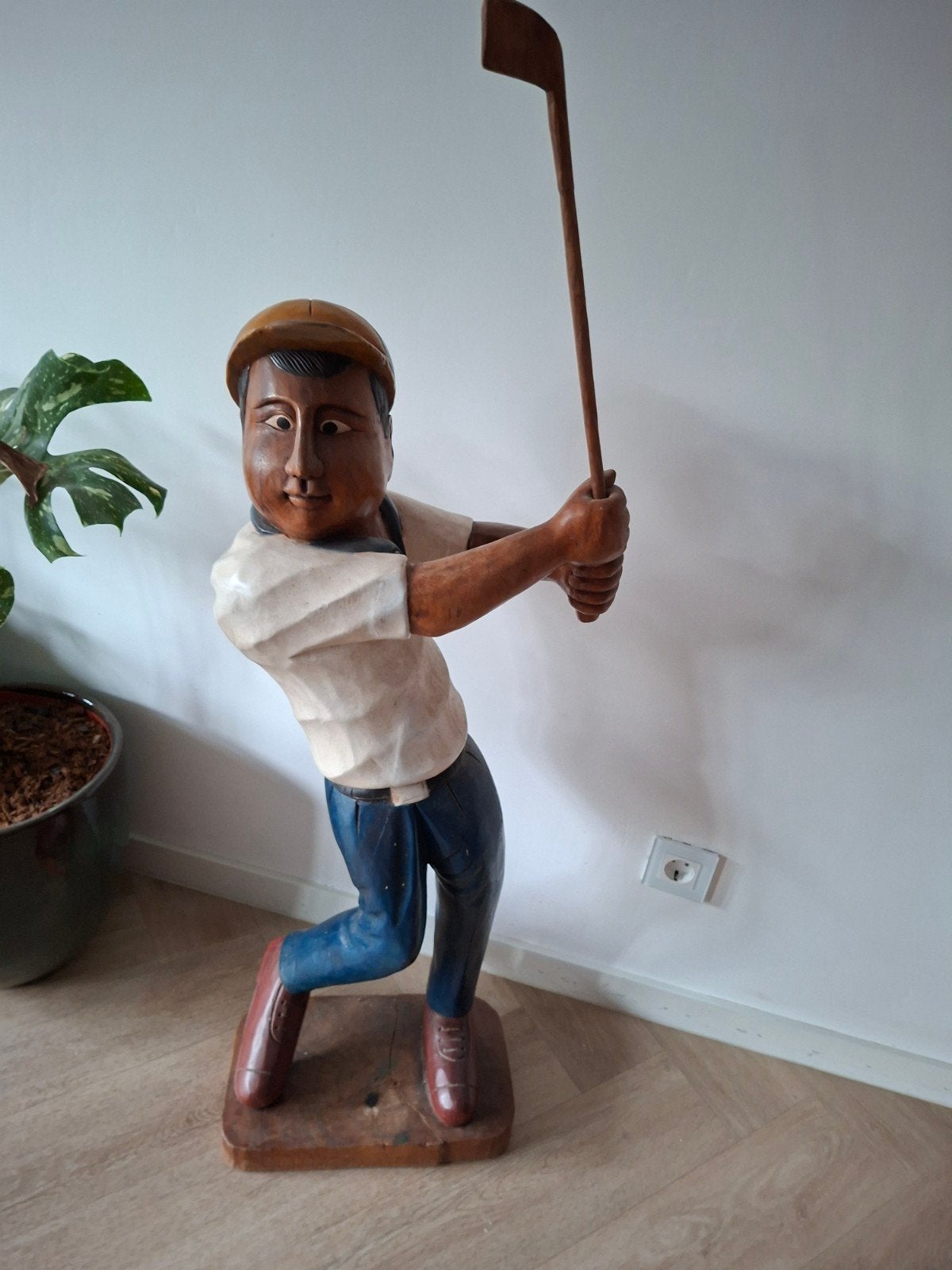 Houten Golfspeler Beeld - Handgesneden Decoratie, Ophalen, 50 - 100 cm, Beeld, Hout