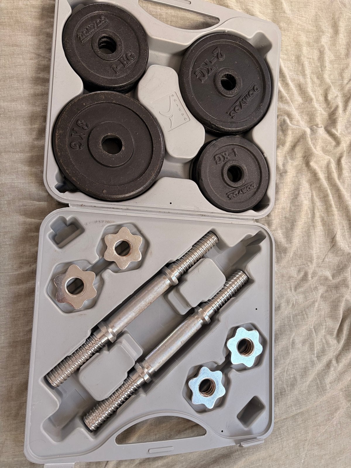 Dumbbellset 20 kg + extra halter met extra gewichtjes, Ophalen, Gebruikt, Armen, Halterset