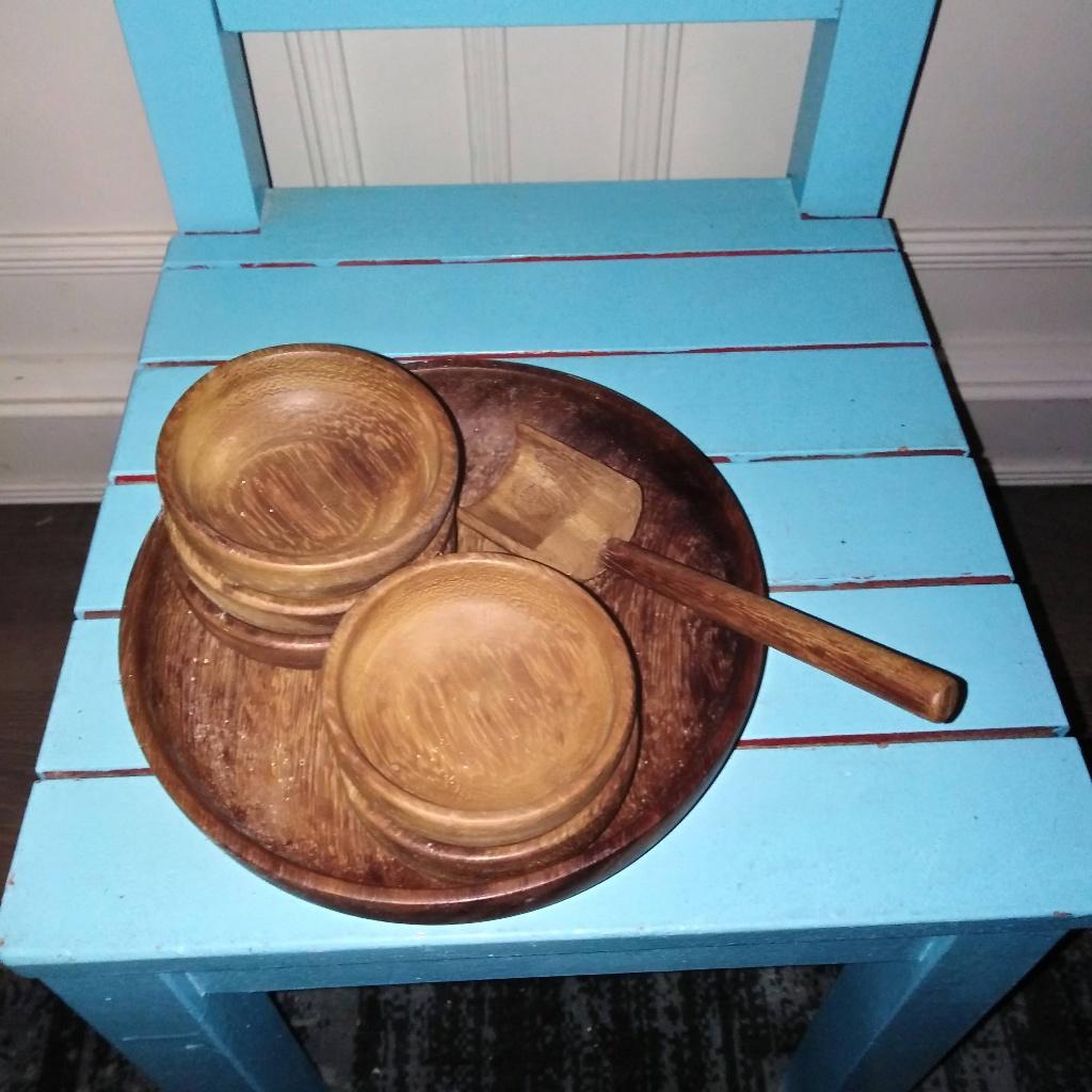Setje houten schaaltjes met houten lepeltje, Huis en Inrichting, Woonaccessoires | Schalen en Manden, Ophalen, Gebruikt, Schaal