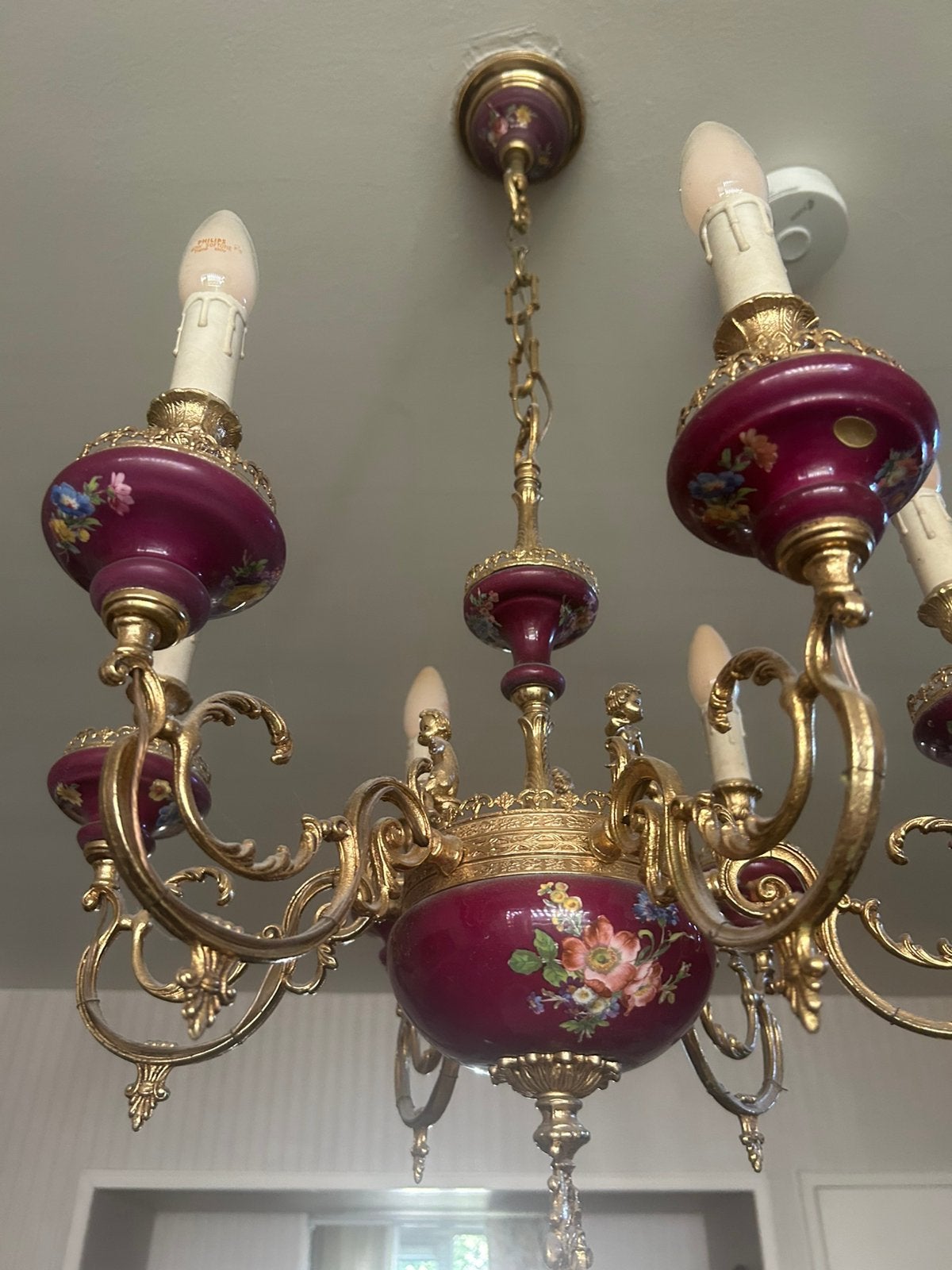 Antieke rood - purple kroonluchter met engelen, Ophalen, Zo goed als nieuw