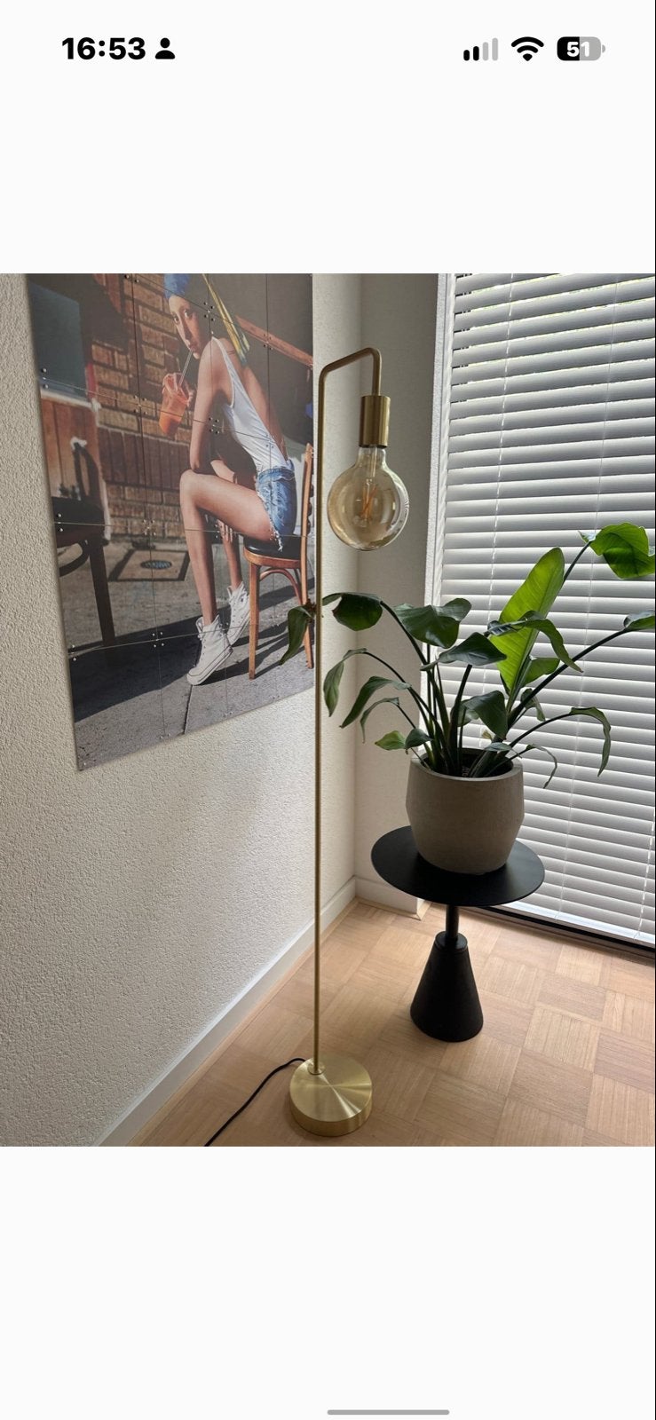 Stijlvolle gouden vloerlamp met WIZ smart lamp, Ophalen, 100 tot 150 cm, E27 (groot), Zo goed als nieuw