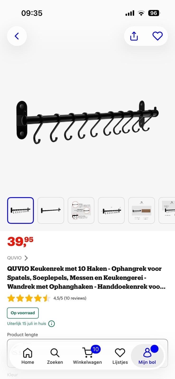 QUVIO Keukenrek met 10 Haken - Ophangrek Zwart, Ophalen, Overige typen, Nieuw, Zwart