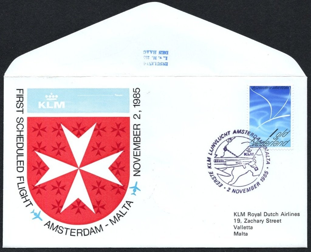 1e KLM vlucht Malta 1985, Postzegels en Munten, Brieven en Enveloppen | Nederland, Verzenden, Envelop