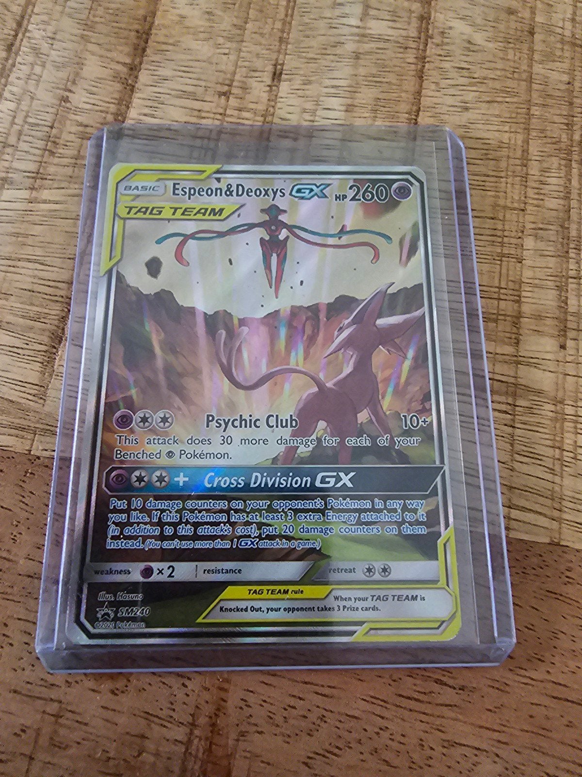Espeon & Deoxys GX Tag Team Pokémon Kaart, Ophalen of Verzenden, Zo goed als nieuw, Losse kaart, Foil