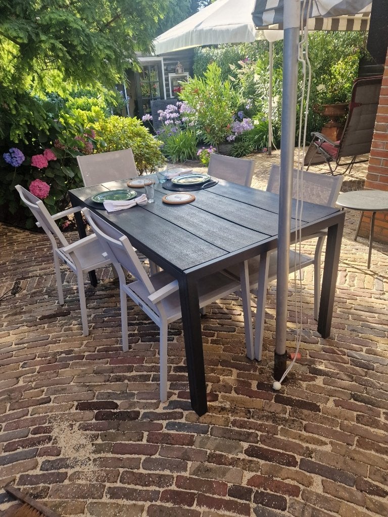 Tuintafel plus 5 stoelen, Tuin en Terras, Tuintafels, Ophalen, Gebruikt, Rechthoekig, Aluminium