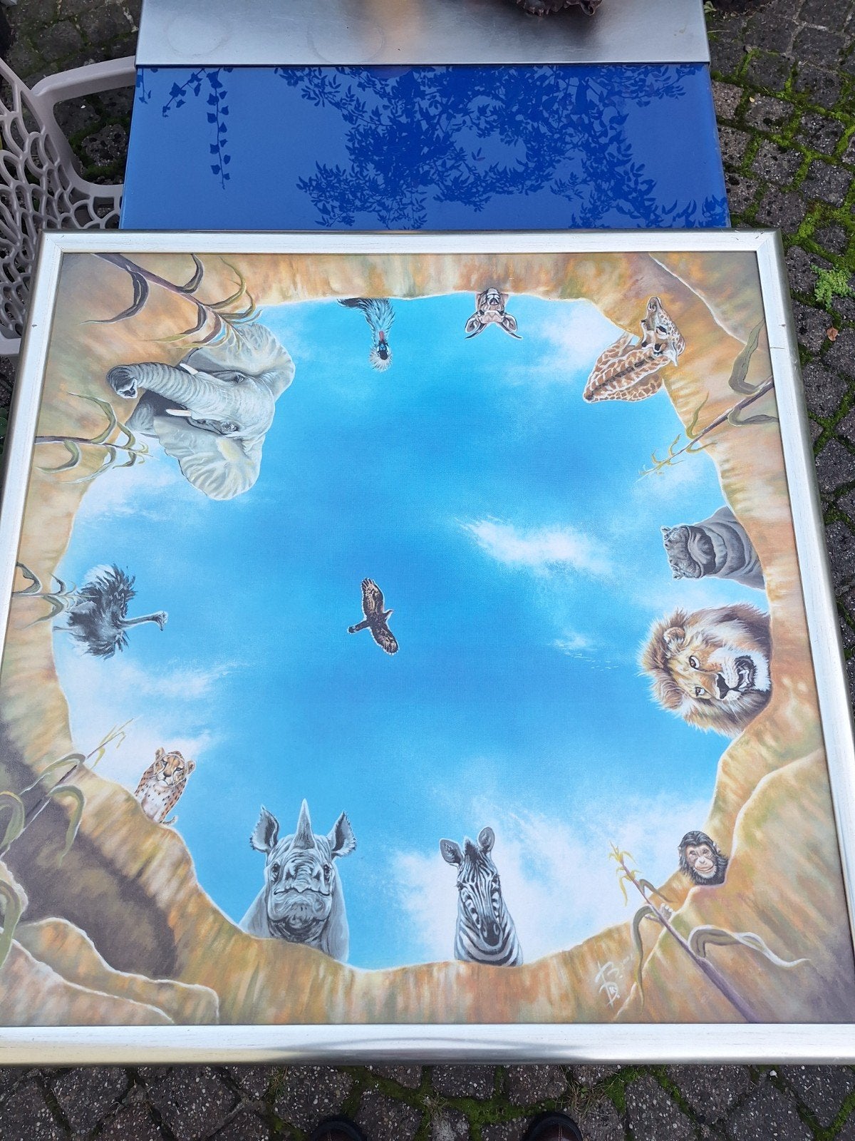 Prachtig Afrikaanse dieren bij waterput "schilderij".DALEN,, Ophalen, Zo goed als nieuw, Schilderij, 75 tot 100 cm